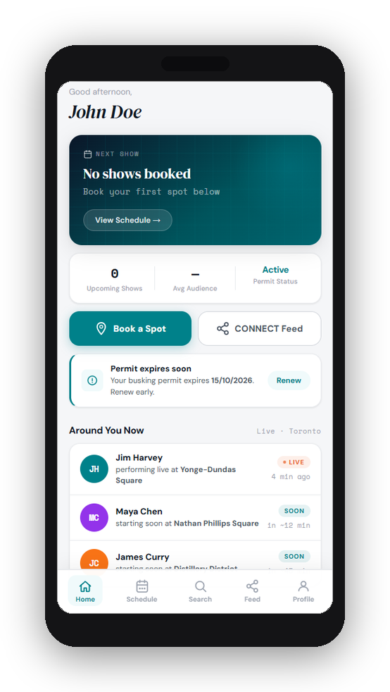 CONNECT Toronto performer home screen