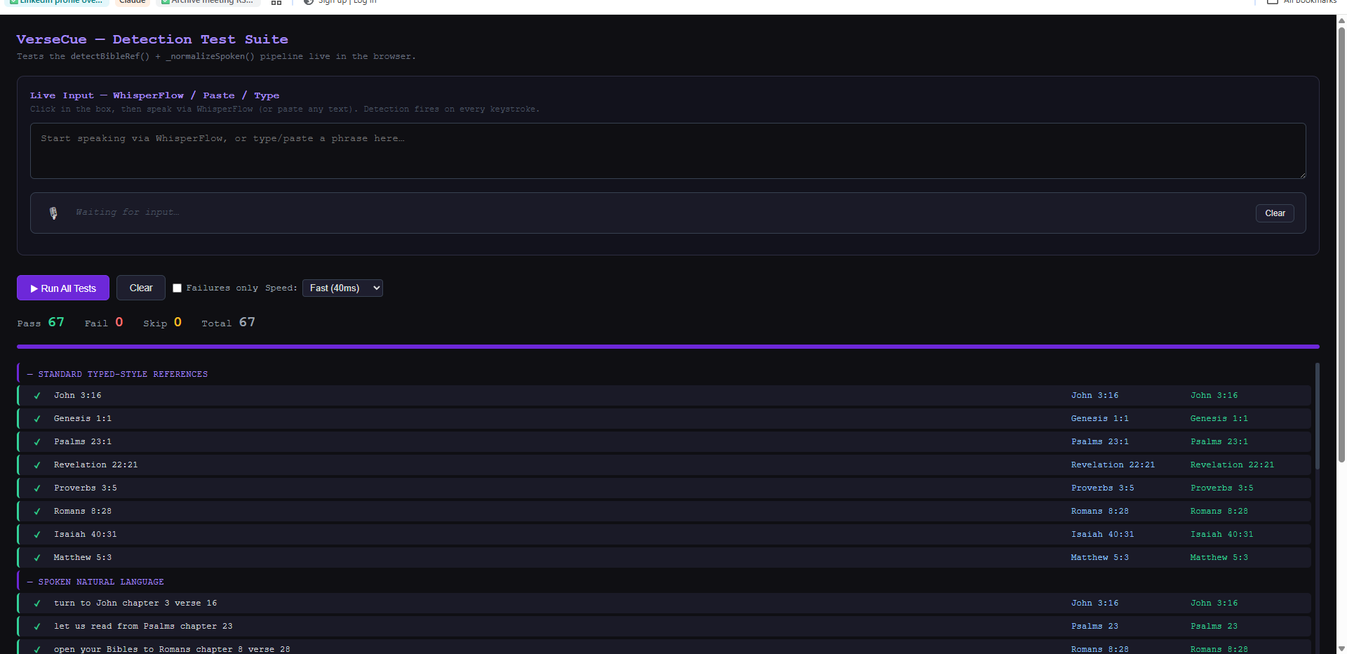 VerseCue detection test suite running 67 cases — all passing